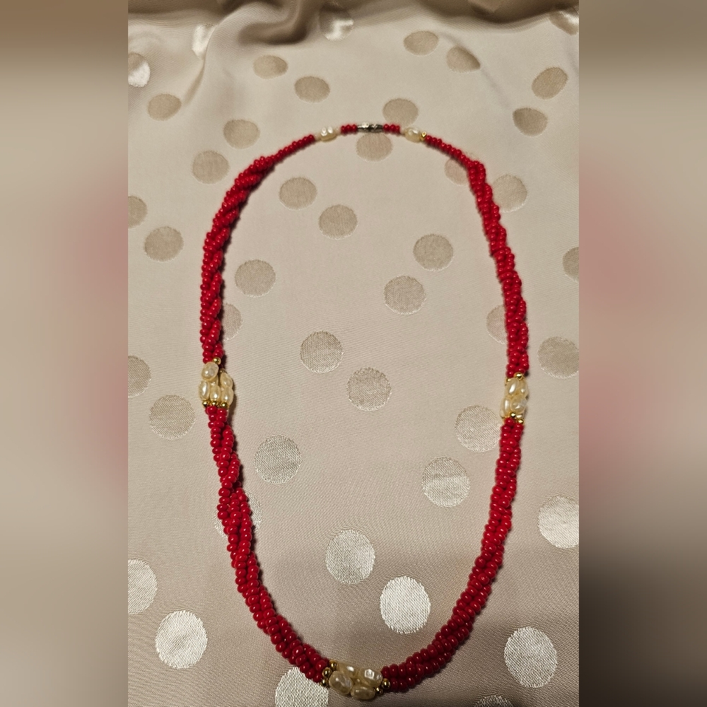Vintage 3 Rows Natural Red Coral, Freshwater Pearl  Gold Beads Necklace 22''